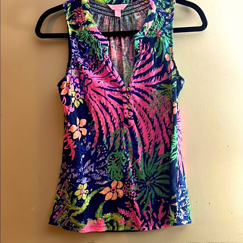 Lilly Pulitzer Essie XS Sleeveless Top Button Front Placket Bright Multicolor